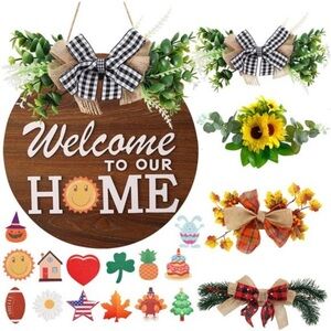 Interchangeable Welcome Sign for Front Door with 4 Seasonal Wreaths